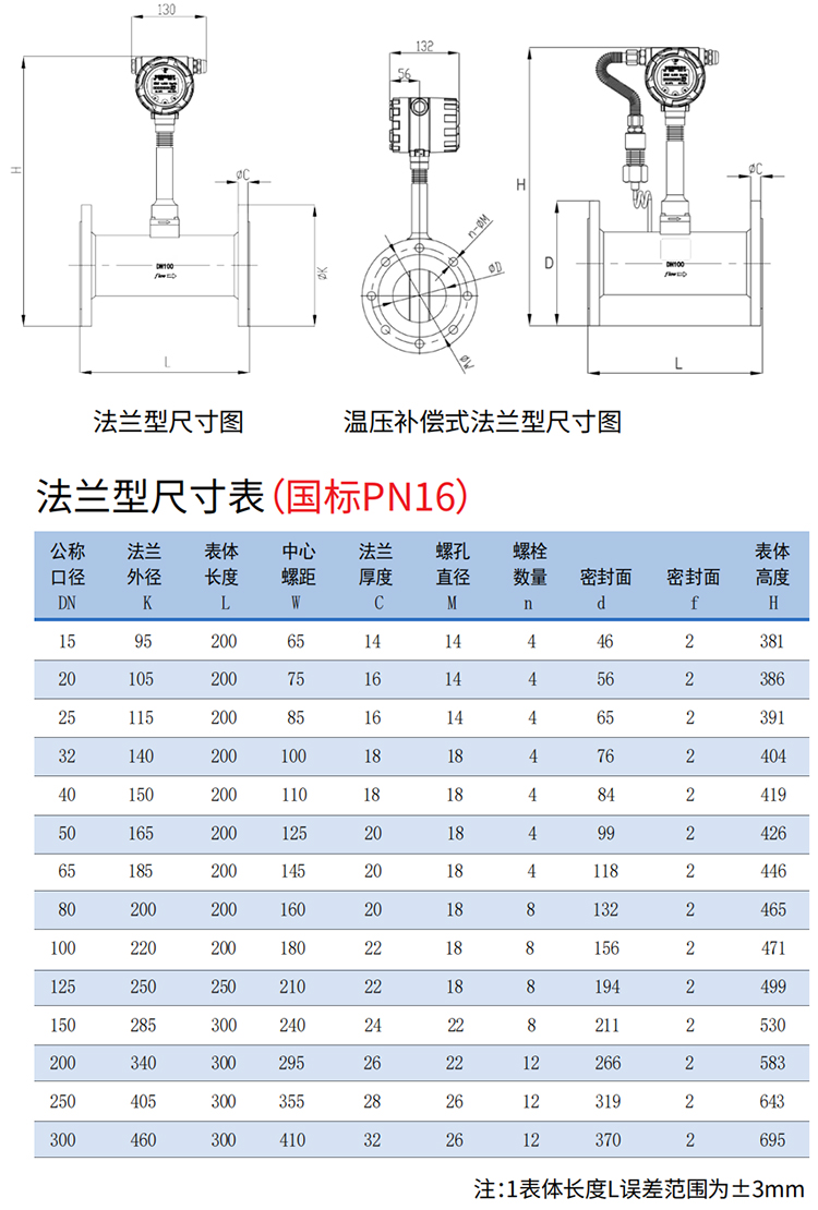 氣體渦街流量計(jì)法蘭式尺寸圖
